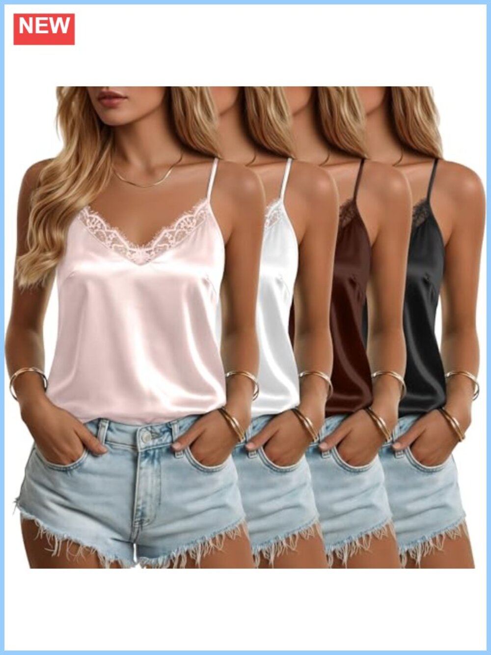 Satin Lace V-Neck Camisole Tank Top 4 Pack